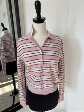 aritzia bare provenance Pink Striped Collared Knit Pullover nwt xs cashmere